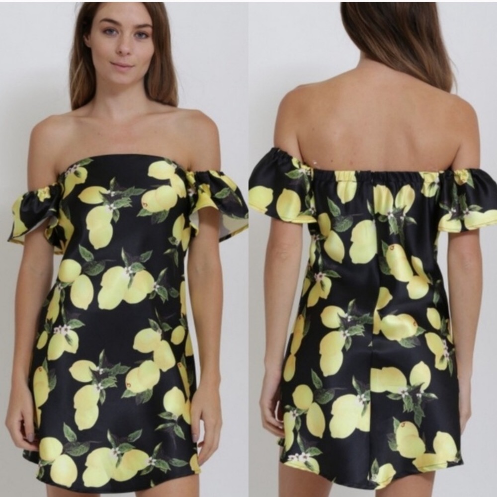 Last One! New Cute Lemon Print Off the shoulder  mini dress